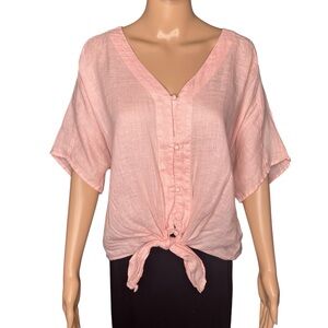 🩷Vince Camuto womens 100% linen boxy front tie knot button down size xl pink
